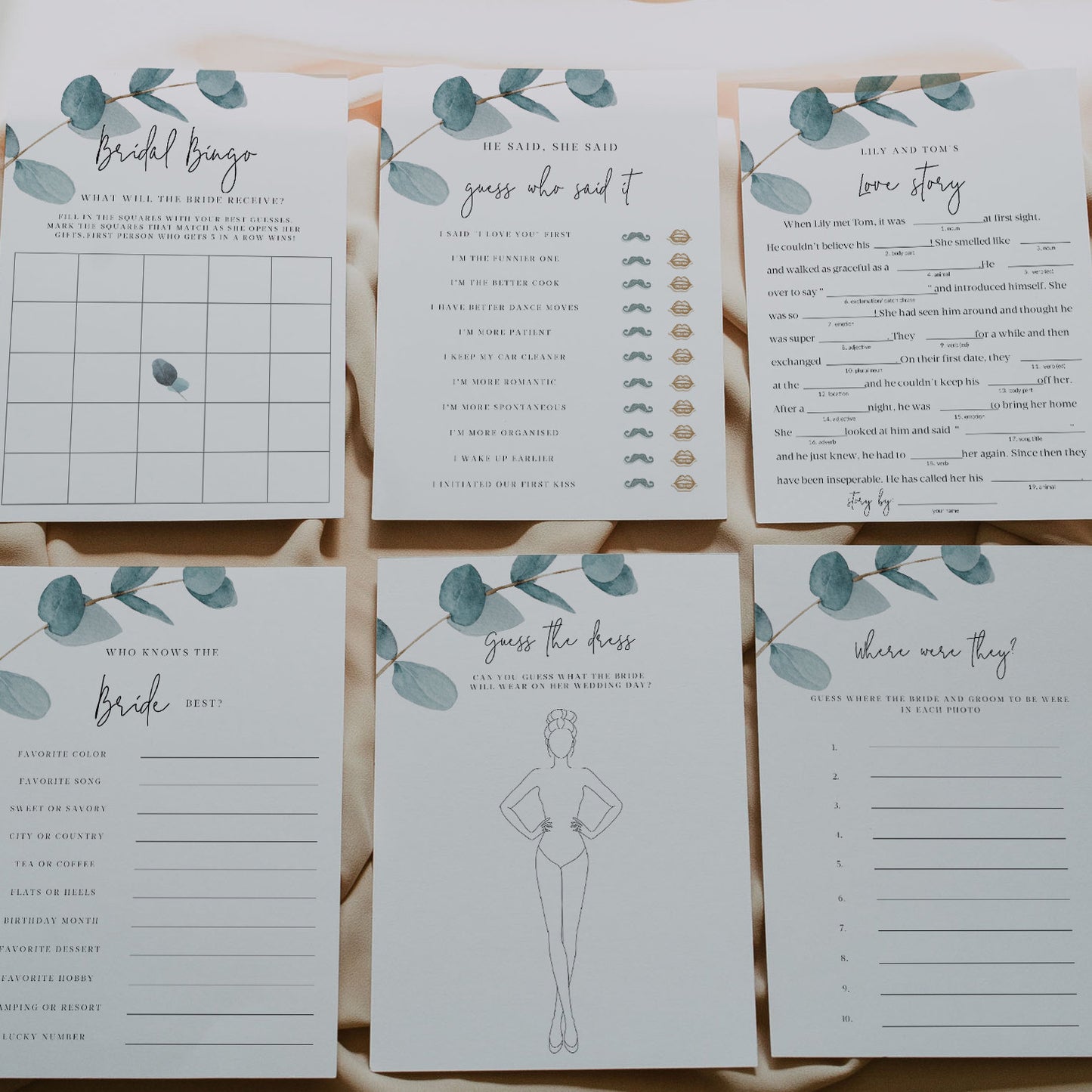 NALA | Blue Eucalyptus bridal shower party games set of 6