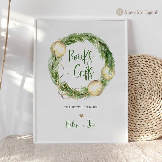 Green & Gold Christmas Books and Gifts Sign - Make Me Digital: printable event invitations, party games & decor