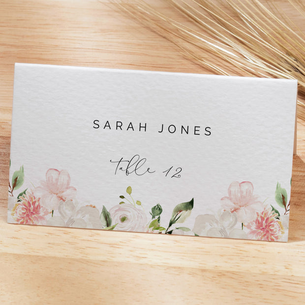 Pink Floral Wedding Place Cards, Blush Floral rose Editable Escort Cards, Instant Download, Peony Flat Folded Printable Place Card 129 - MakeMeDigital