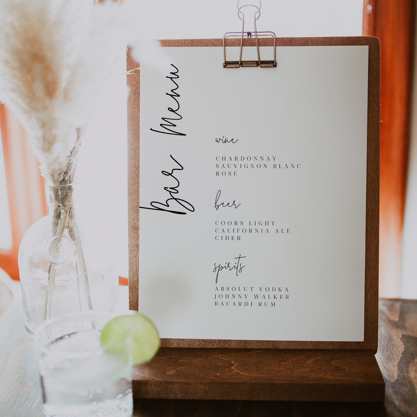 Modern Calligraphy Wedding Bar Menu Sign