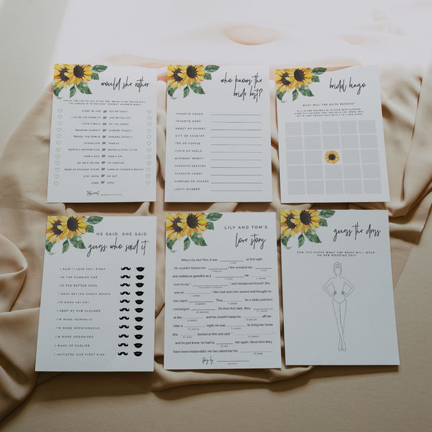 Sunflower Bridal Shower Game Set of 6 Make Me Digital printable