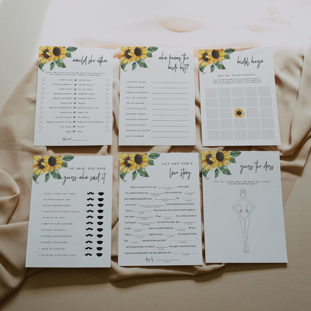 Sunflower Bridal Shower Game Set of 6