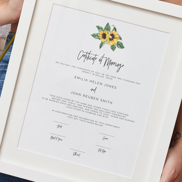 Sunflower Marriage Certificate Keepsake