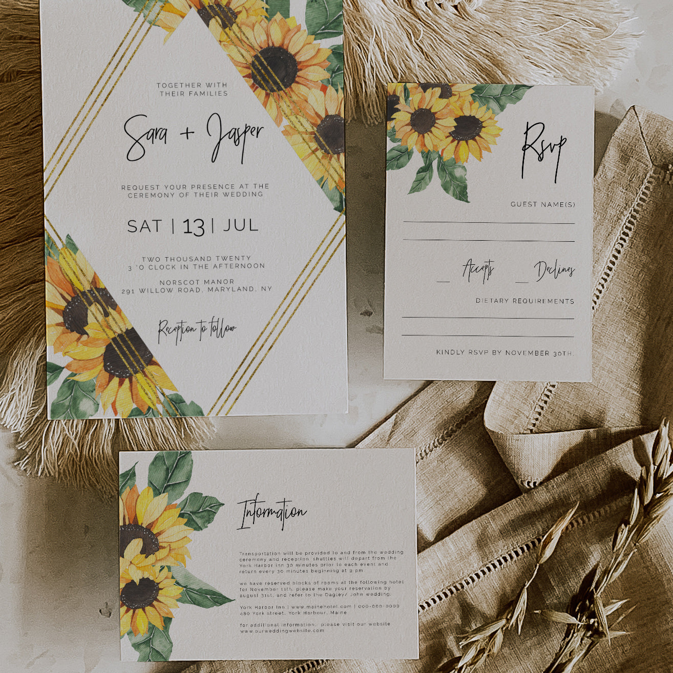 Sunflower Wedding Invitation Set of 3