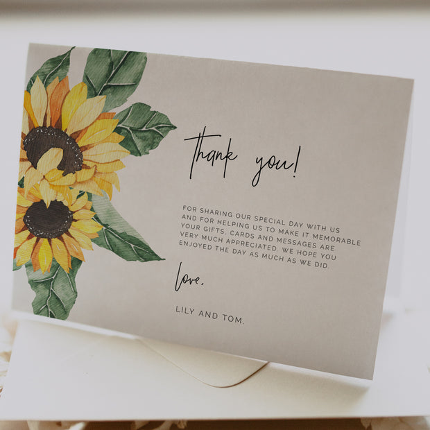 Sunflower Wedding Thank You Card Personalised