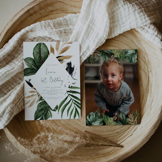 Tropical & Gold First Birthday Party Invitation