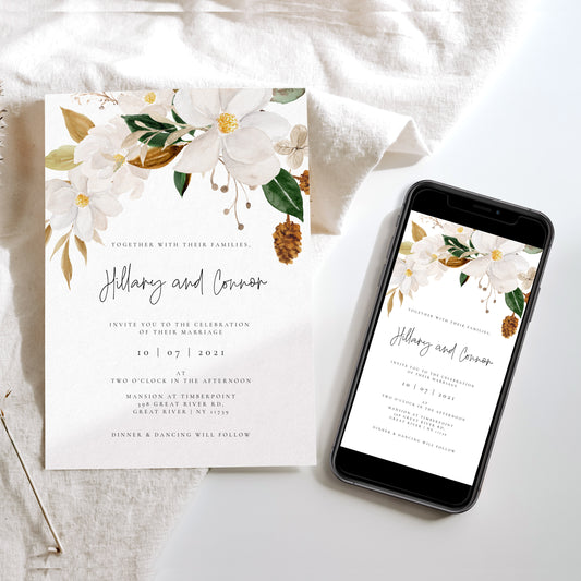 White Magnolia Wedding Invitation & Evite set
